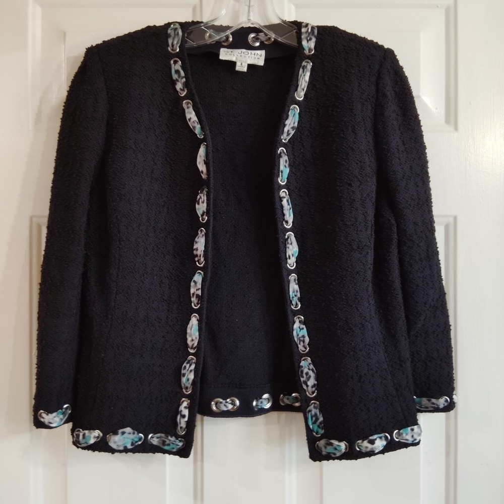 St. John Collection Black Tweed Jacket/ Blazer with Leopard Print Ribbon sz 6